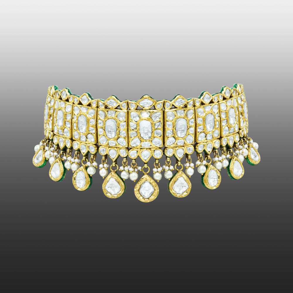 Polki Choker with Square and Teardrop Settings and Pearl Drops